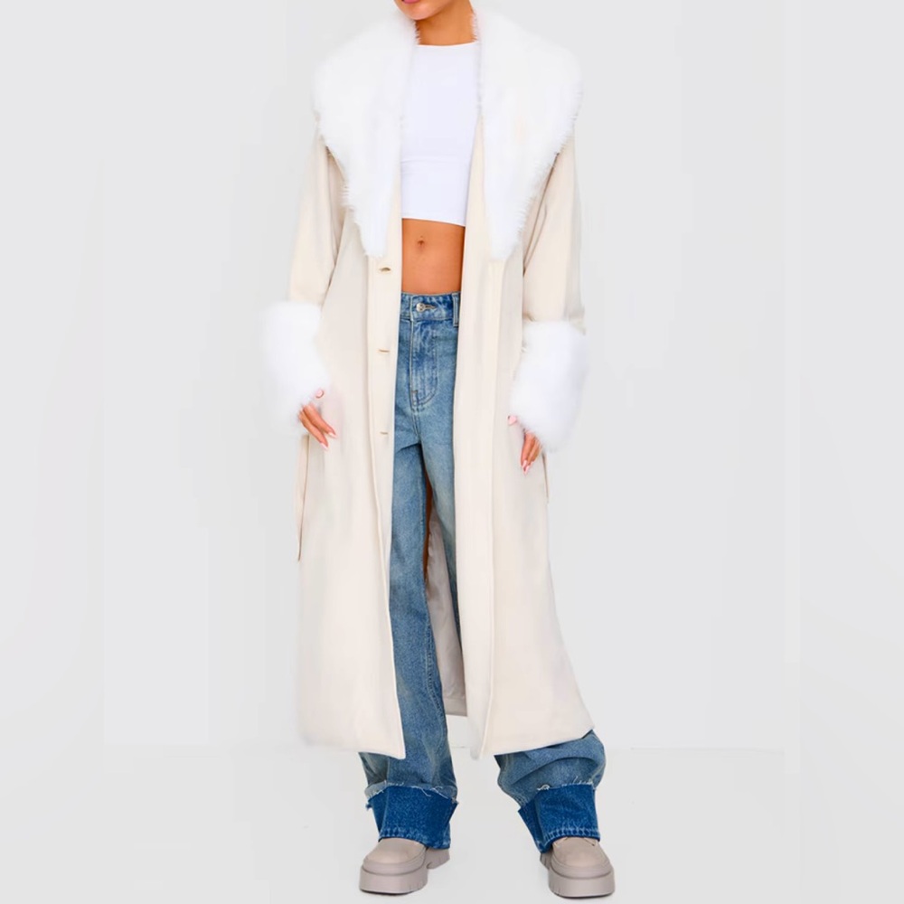 Faux Fur trim faux suede Coat Cream & white Size 8 NWT
